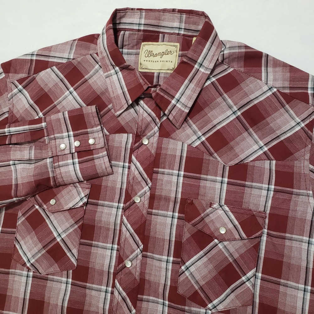 Wrangler Western Shirts Men's 2XL Long Sleeve Plaid Pearl Snap Shirt Burgundy